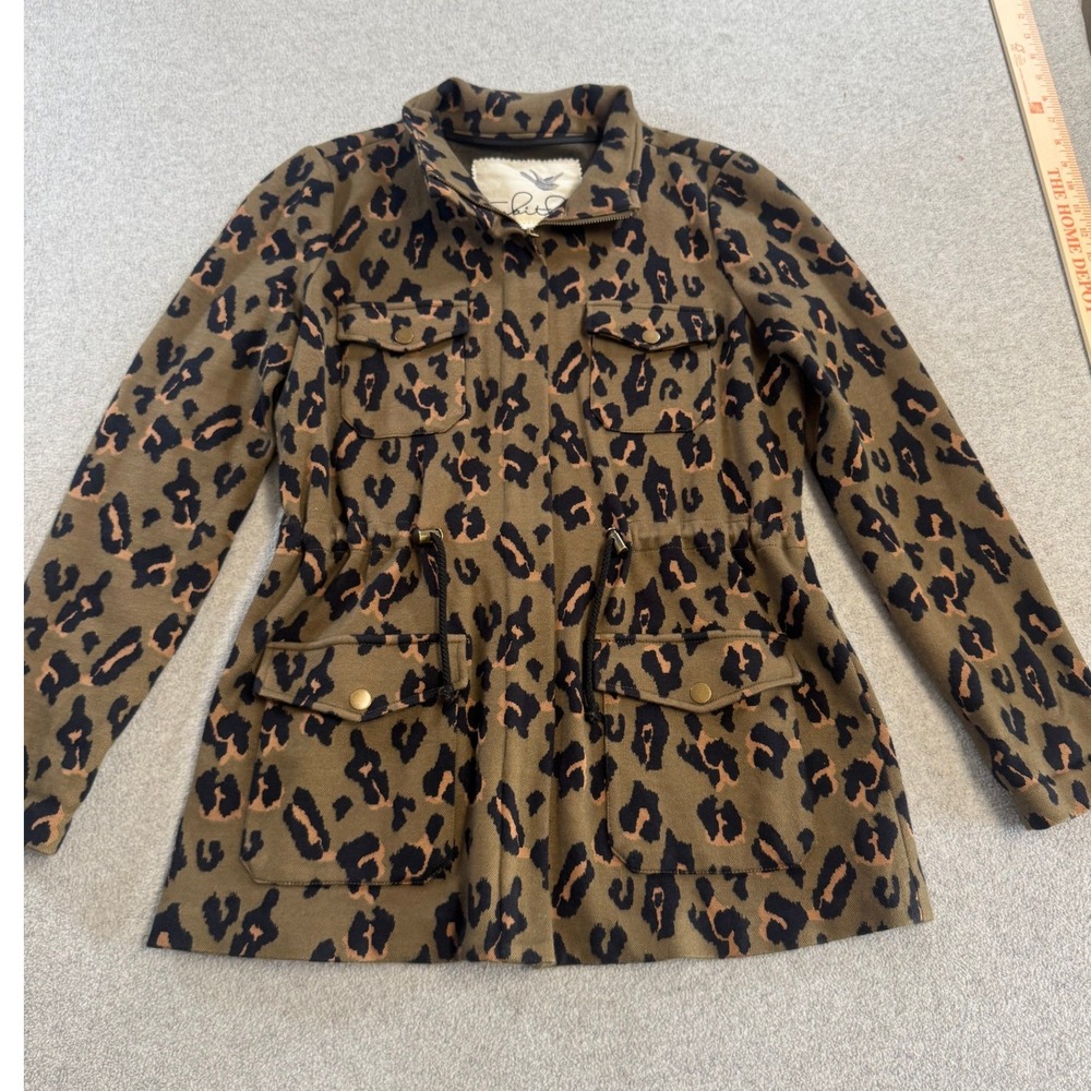 Tabitha Leopard Print Utility Jacket Women XS Olive Tan Excellent Drawstring Zip